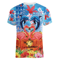 Hawaiian Love-Couple Dolphins and Flamingos Women V-Neck T-Shirt - Polynesian Pride