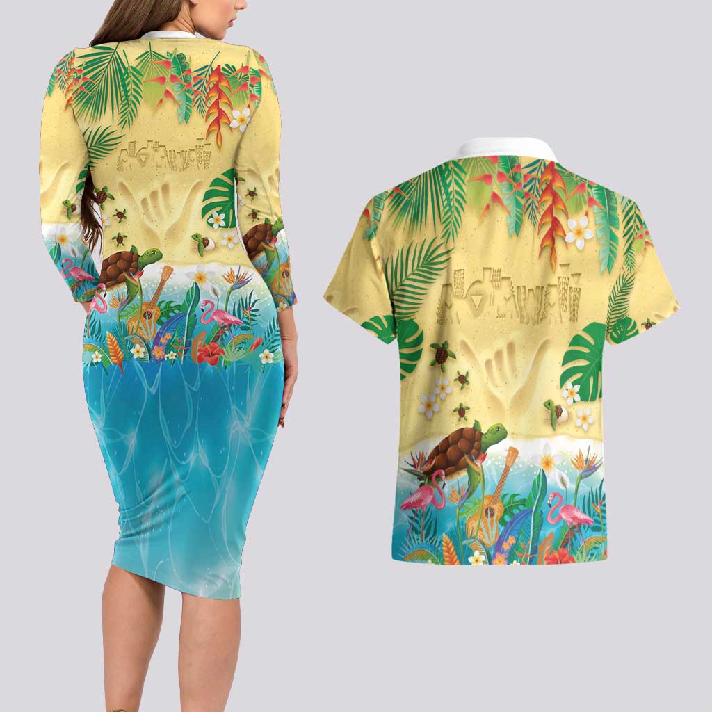 Hawaiian Alohawaii Couples Matching Long Sleeve Bodycon Dress and Hawaiian Shirt Tropical Plants and Animals on The Beach - Polynesian Pride