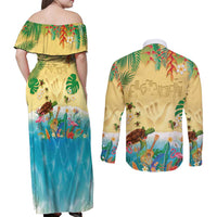 Hawaiian Alohawaii Couples Matching Off Shoulder Maxi Dress and Long Sleeve Button Shirt Tropical Plants and Animals on The Beach - Polynesian Pride