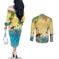 Hawaiian Alohawaii Couples Matching Off The Shoulder Long Sleeve Dress and Long Sleeve Button Shirt Tropical Plants and Animals on The Beach - Polynesian Pride