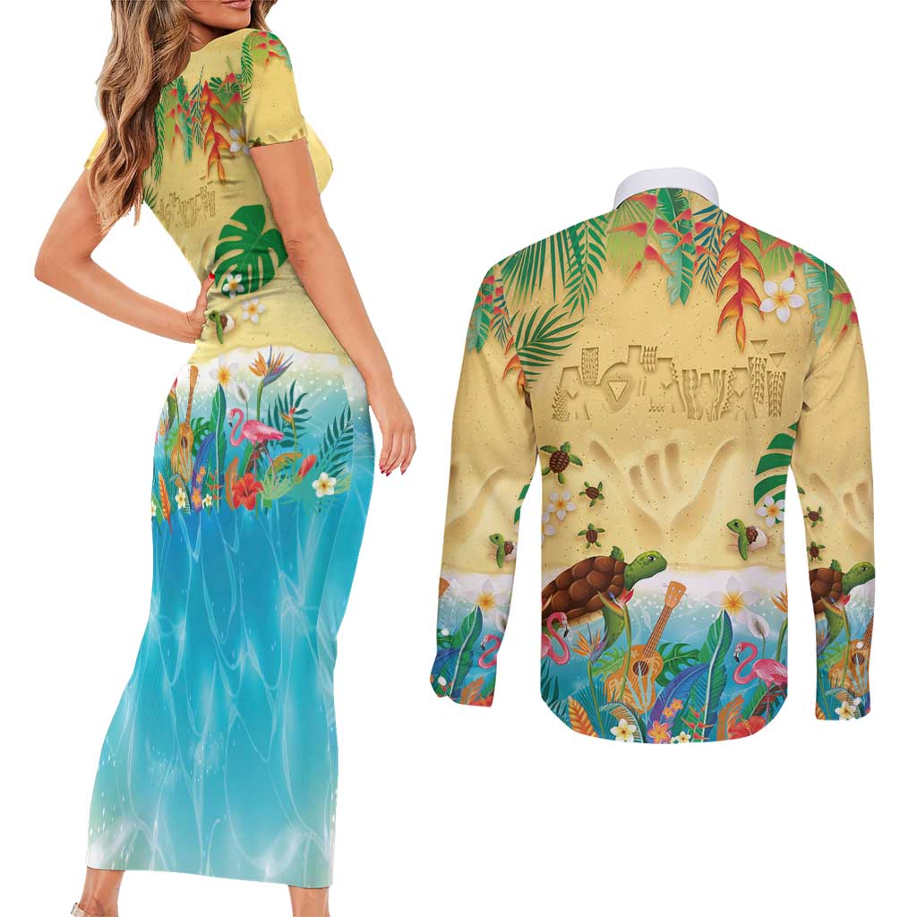Hawaiian Alohawaii Couples Matching Short Sleeve Bodycon Dress and Long Sleeve Button Shirt Tropical Plants and Animals on The Beach - Polynesian Pride