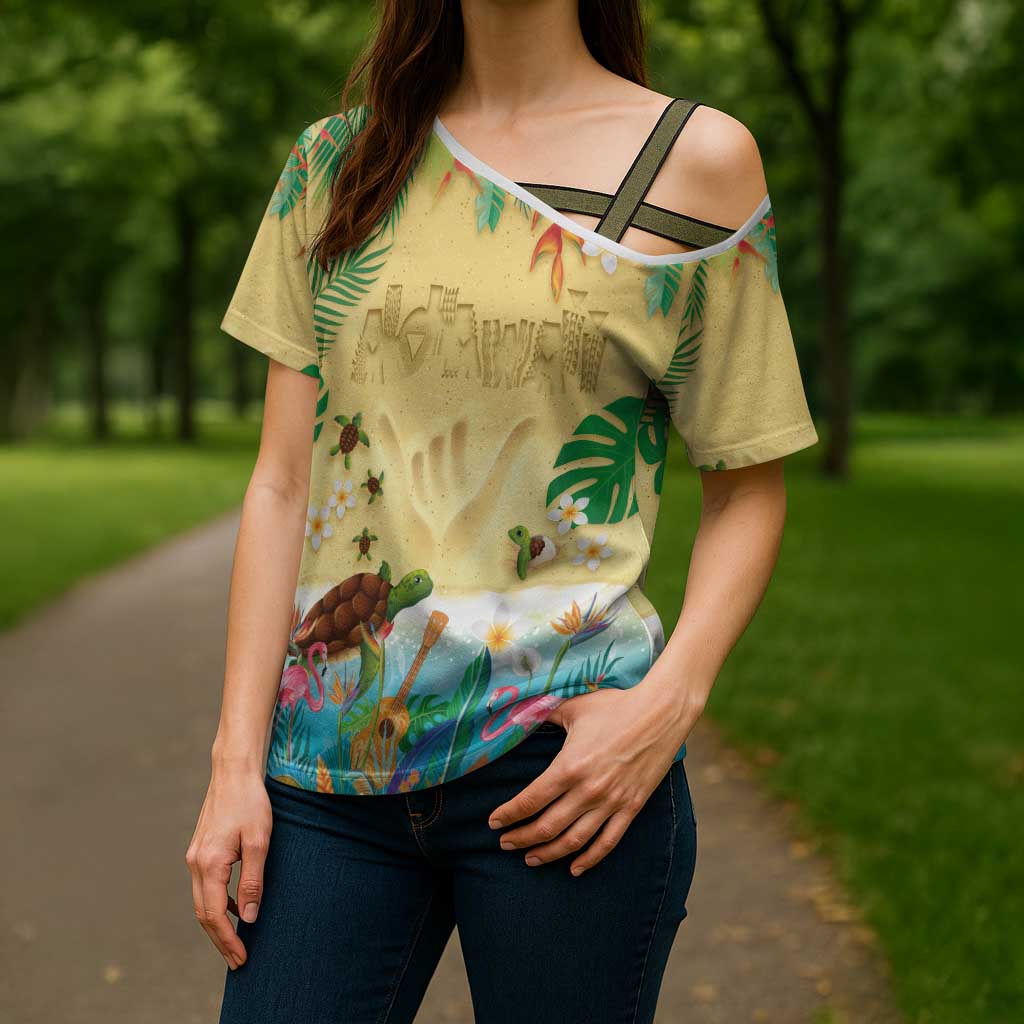 Hawaiian Alohawaii Cross Shoulder Shirt Tropical Plants and Animals on The Beach - Polynesian Pride