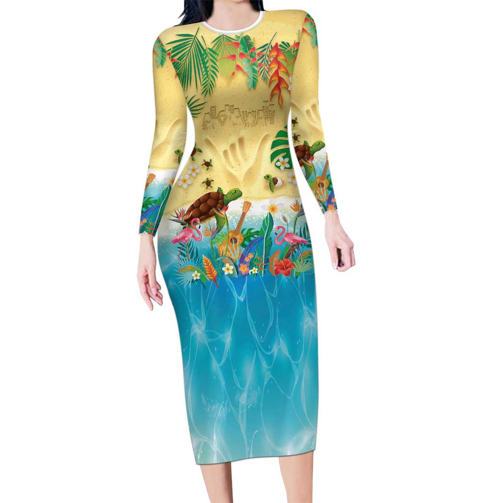 Hawaiian Alohawaii Family Matching Long Sleeve Bodycon Dress and Hawaiian Shirt Tropical Plants and Animals on The Beach - Polynesian Pride