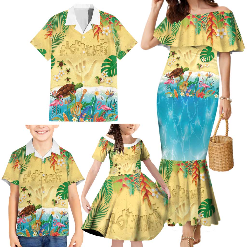 Hawaiian Alohawaii Family Matching Mermaid Dress and Hawaiian Shirt Tropical Plants and Animals on The Beach - Polynesian Pride