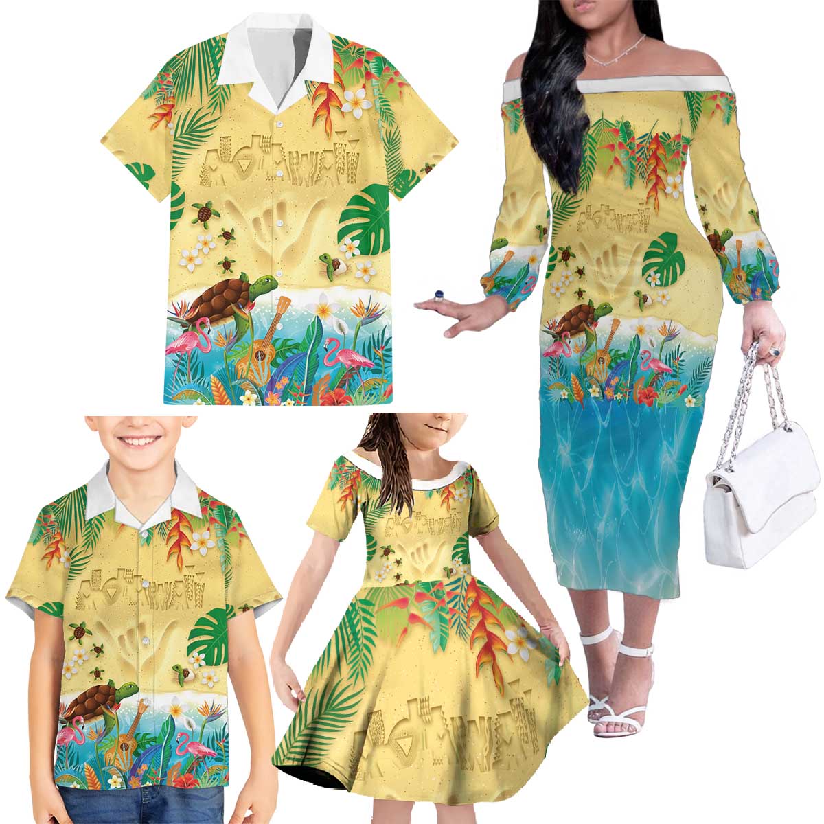 Hawaiian Alohawaii Family Matching Off The Shoulder Long Sleeve Dress and Hawaiian Shirt Tropical Plants and Animals on The Beach - Polynesian Pride