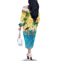 Hawaiian Alohawaii Family Matching Off The Shoulder Long Sleeve Dress and Hawaiian Shirt Tropical Plants and Animals on The Beach - Polynesian Pride