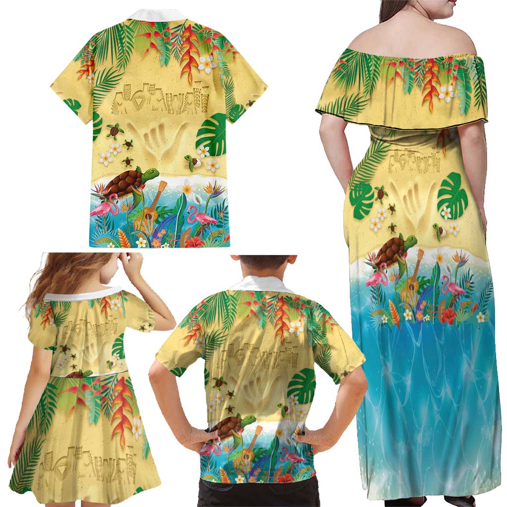 Hawaiian Alohawaii Family Matching Off Shoulder Maxi Dress and Hawaiian Shirt Tropical Plants and Animals on The Beach - Polynesian Pride