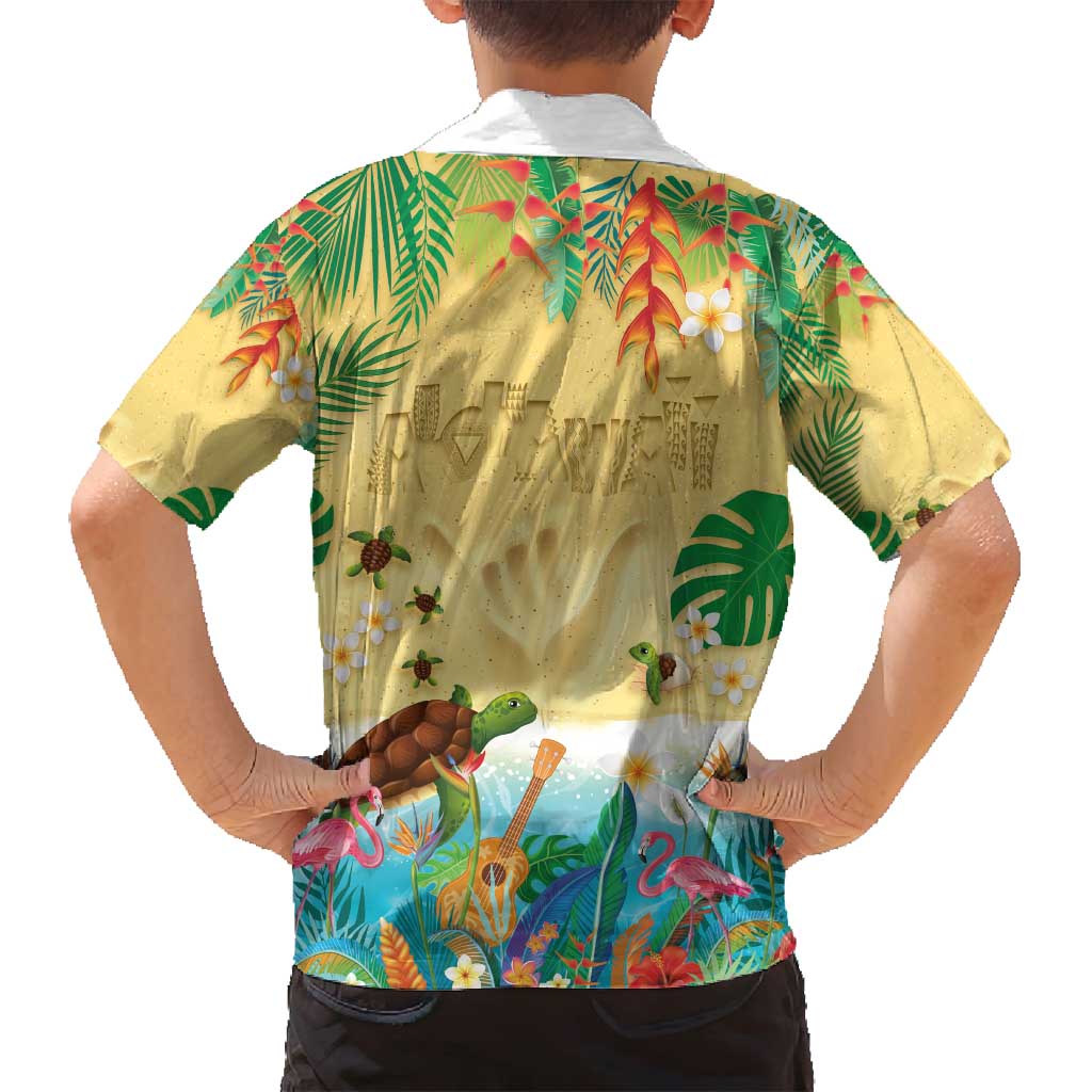 Hawaiian Alohawaii Family Matching Off Shoulder Short Dress and Hawaiian Shirt Tropical Plants and Animals on The Beach - Polynesian Pride