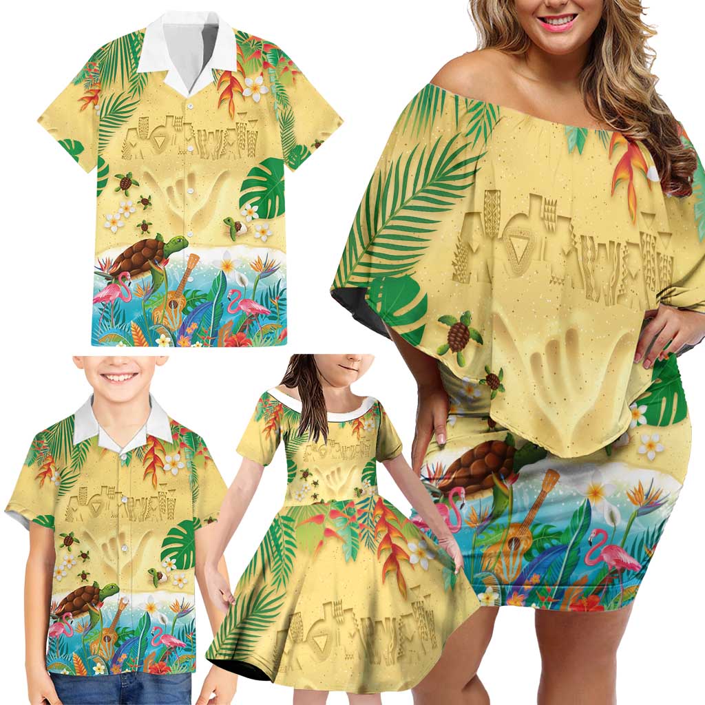 Hawaiian Alohawaii Family Matching Off Shoulder Short Dress and Hawaiian Shirt Tropical Plants and Animals on The Beach - Polynesian Pride