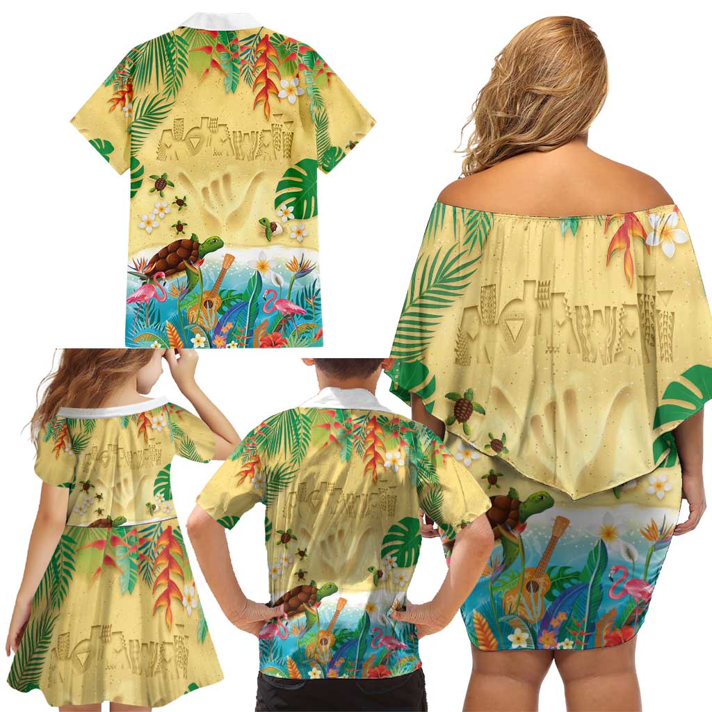 Hawaiian Alohawaii Family Matching Off Shoulder Short Dress and Hawaiian Shirt Tropical Plants and Animals on The Beach - Polynesian Pride