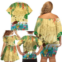 Hawaiian Alohawaii Family Matching Off Shoulder Short Dress and Hawaiian Shirt Tropical Plants and Animals on The Beach - Polynesian Pride