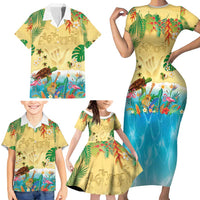 Hawaiian Alohawaii Family Matching Short Sleeve Bodycon Dress and Hawaiian Shirt Tropical Plants and Animals on The Beach - Polynesian Pride