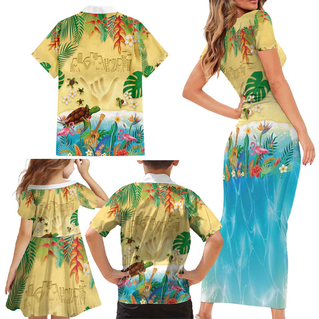 Hawaiian Alohawaii Family Matching Short Sleeve Bodycon Dress and Hawaiian Shirt Tropical Plants and Animals on The Beach - Polynesian Pride