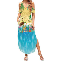 Hawaiian Alohawaii Family Matching Summer Maxi Dress and Hawaiian Shirt Tropical Plants and Animals on The Beach - Polynesian Pride