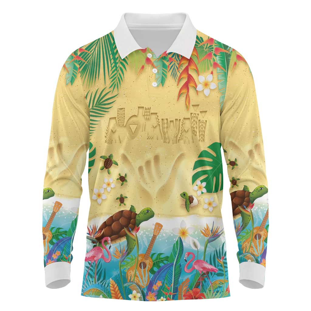 Hawaiian Alohawaii Long Sleeve Polo Shirt Tropical Plants and Animals on The Beach - Polynesian Pride
