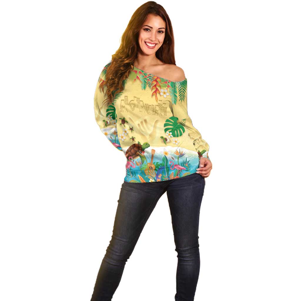 Hawaiian Alohawaii Off Shoulder Sweater Tropical Plants and Animals on The Beach - Polynesian Pride
