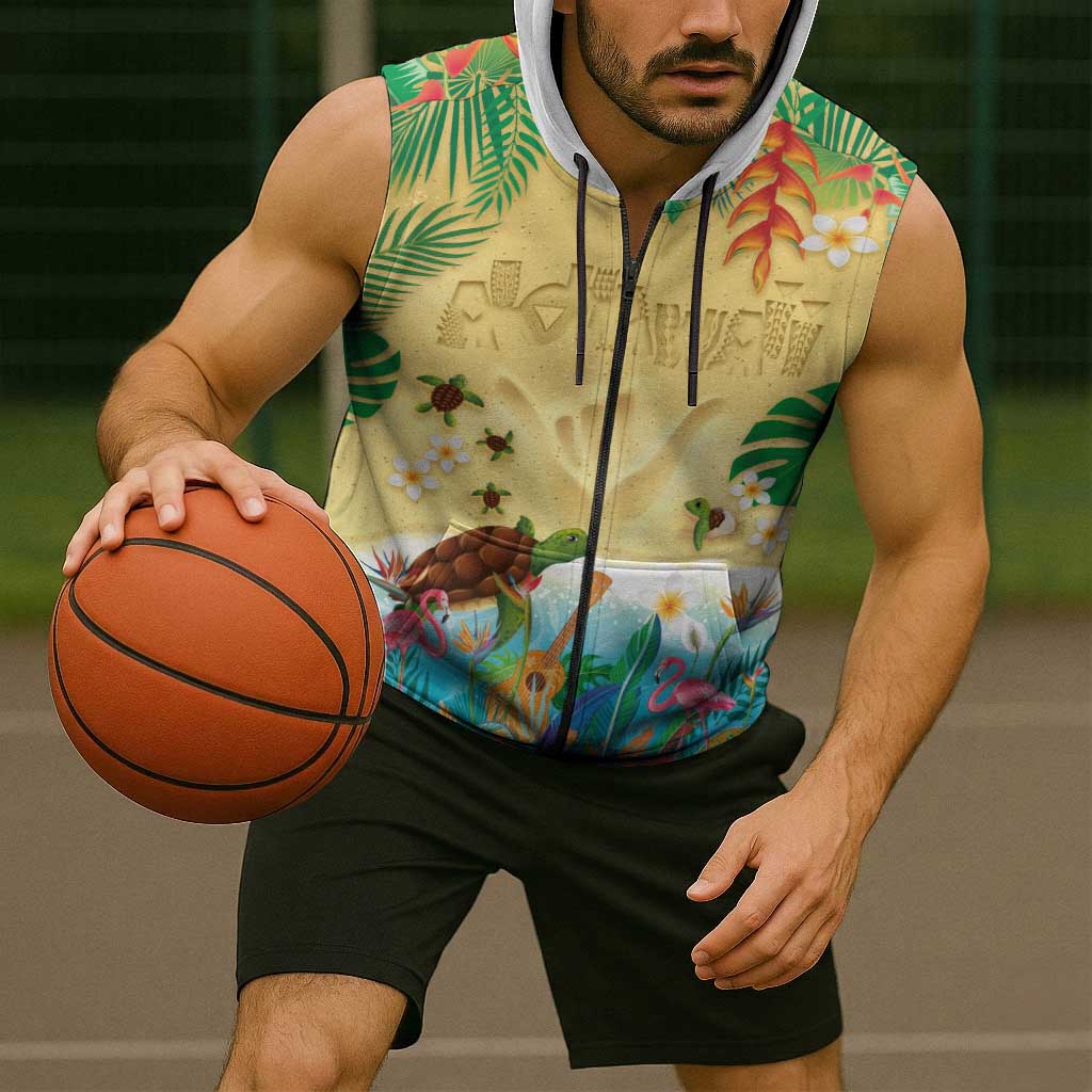 Hawaiian Alohawaii Sleeveless Zip Hoodie Tropical Plants and Animals on The Beach - Polynesian Pride