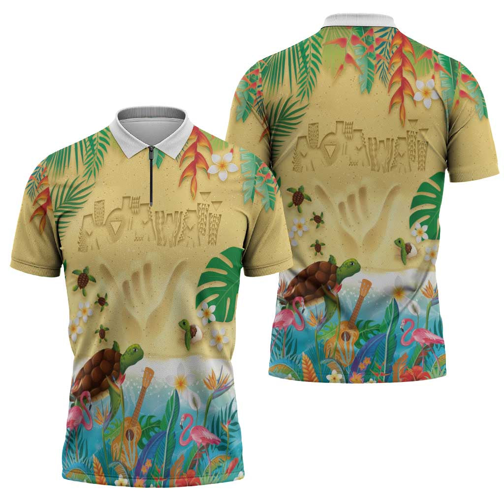 Hawaiian Alohawaii Zipper Polo Shirt Tropical Plants and Animals on The Beach - Polynesian Pride