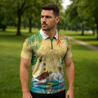 Hawaiian Alohawaii Zipper Polo Shirt Tropical Plants and Animals on The Beach - Polynesian Pride