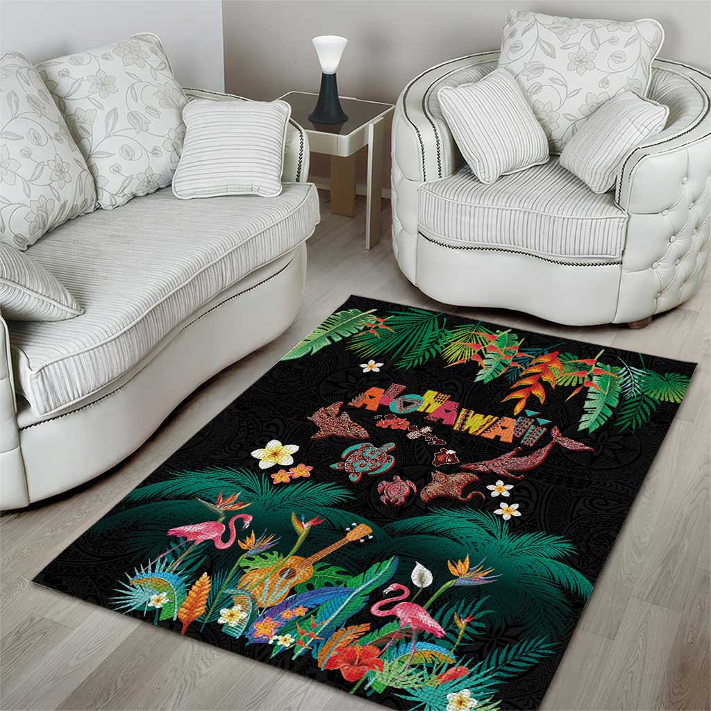 Hawaiian Alohawaii Area Rug Tribal Sea Animals Tattoo and Tropical Plants - Polynesian Pride