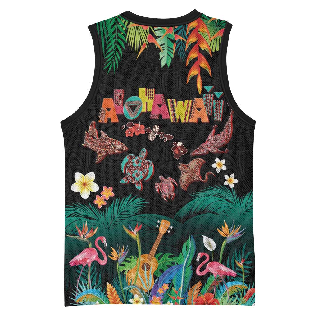 Hawaiian Alohawaii Basketball Jersey Tribal Sea Animals Tattoo and Tropical Plants - Polynesian Pride