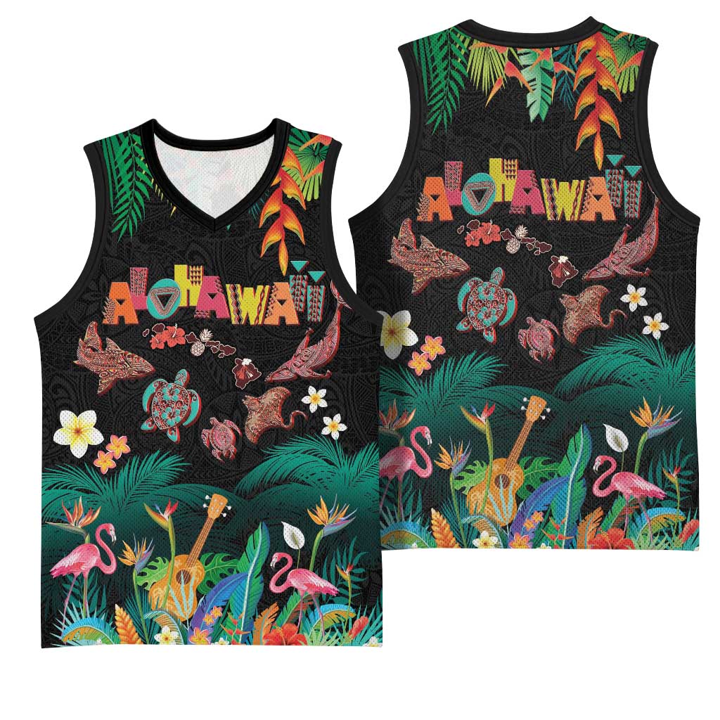 Hawaiian Alohawaii Basketball Jersey Tribal Sea Animals Tattoo and Tropical Plants - Polynesian Pride