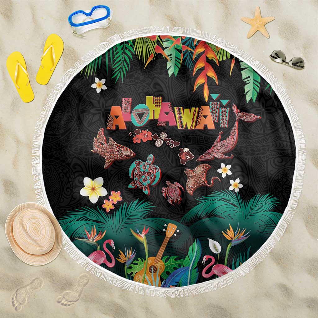Hawaiian Alohawaii Beach Blanket Tribal Sea Animals Tattoo and Tropical Plants LT03 One Size 150cm Black - Polynesian Pride