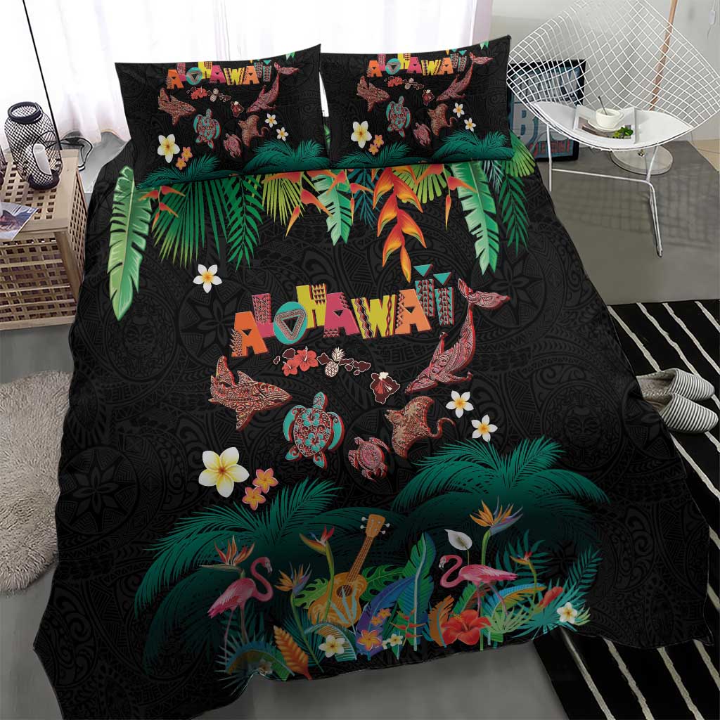 Hawaiian Alohawaii Bedding Set Tribal Sea Animals Tattoo and Tropical Plants - Polynesian Pride