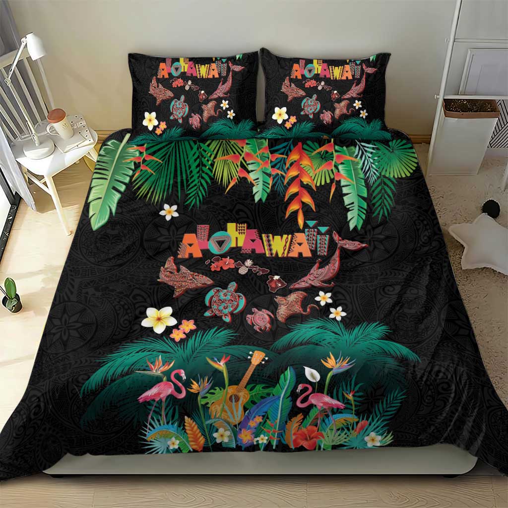 Hawaiian Alohawaii Bedding Set Tribal Sea Animals Tattoo and Tropical Plants - Polynesian Pride