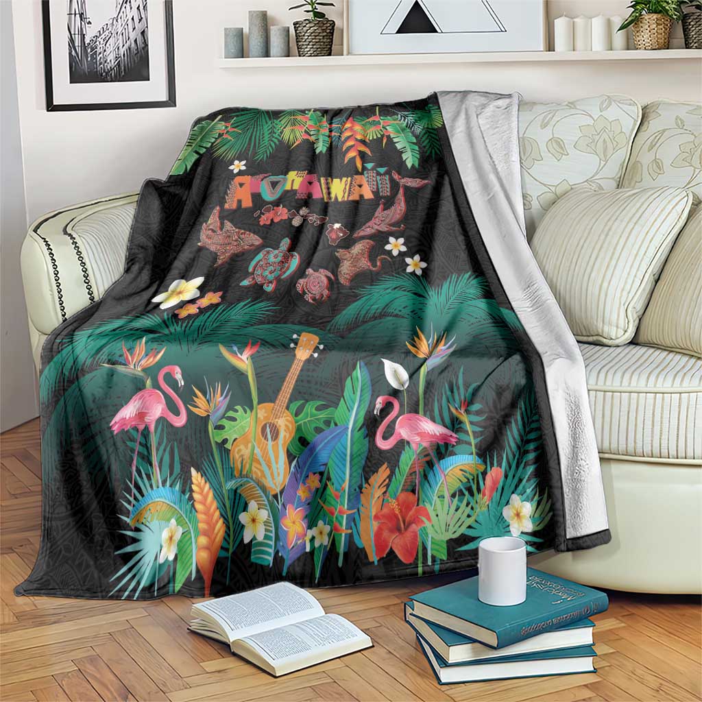 Hawaiian Alohawaii Blanket Tribal Sea Animals Tattoo and Tropical Plants LT03 Black - Polynesian Pride