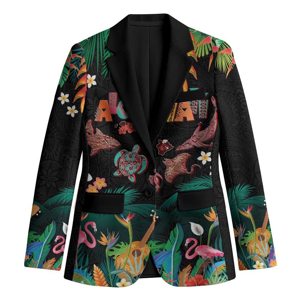 Hawaiian Alohawaii Blazer Tribal Sea Animals Tattoo and Tropical Plants LT03 Unisex Black - Polynesian Pride