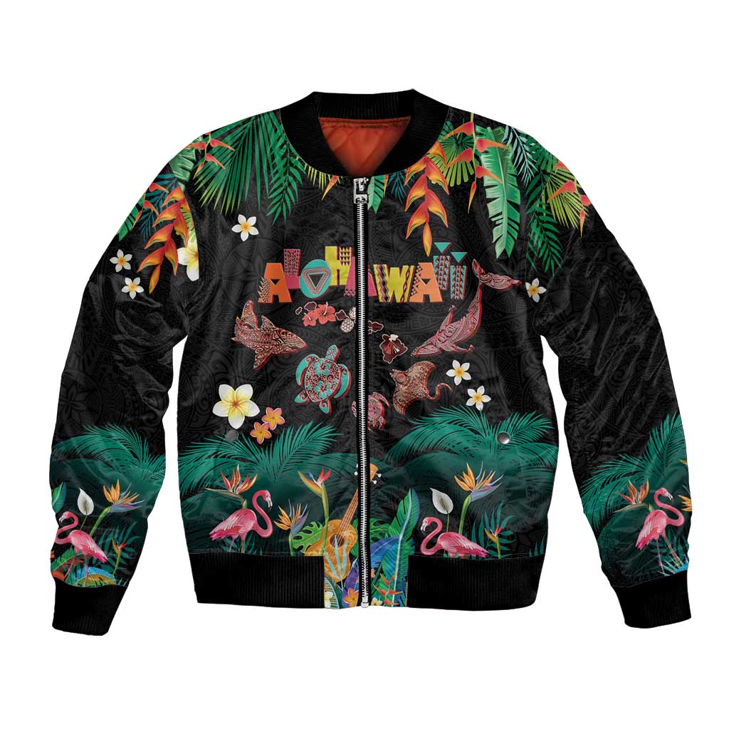 Hawaiian Alohawaii Bomber Jacket Tribal Sea Animals Tattoo and Tropical Plants LT03 Unisex Black - Polynesian Pride