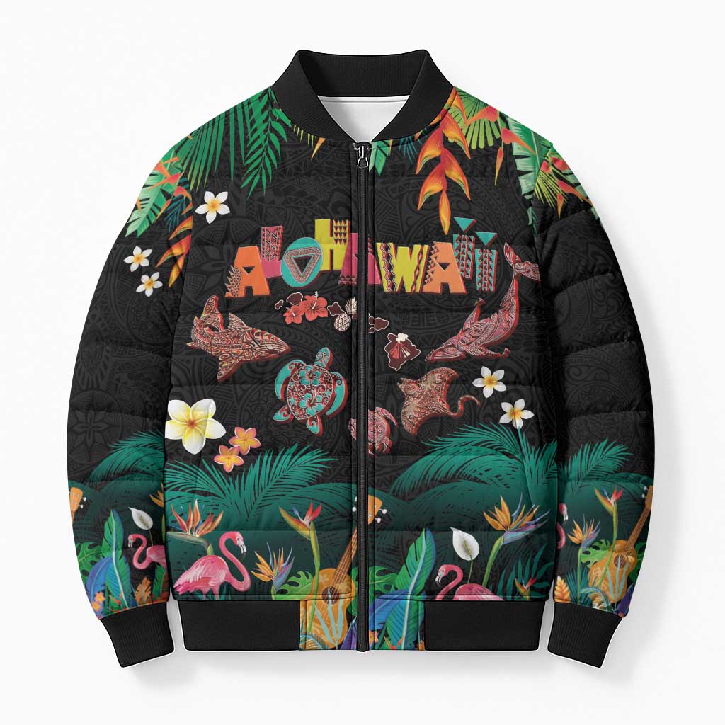 Hawaiian Alohawaii Bomber Puffer Jacket Tribal Sea Animals Tattoo and Tropical Plants - Polynesian Pride