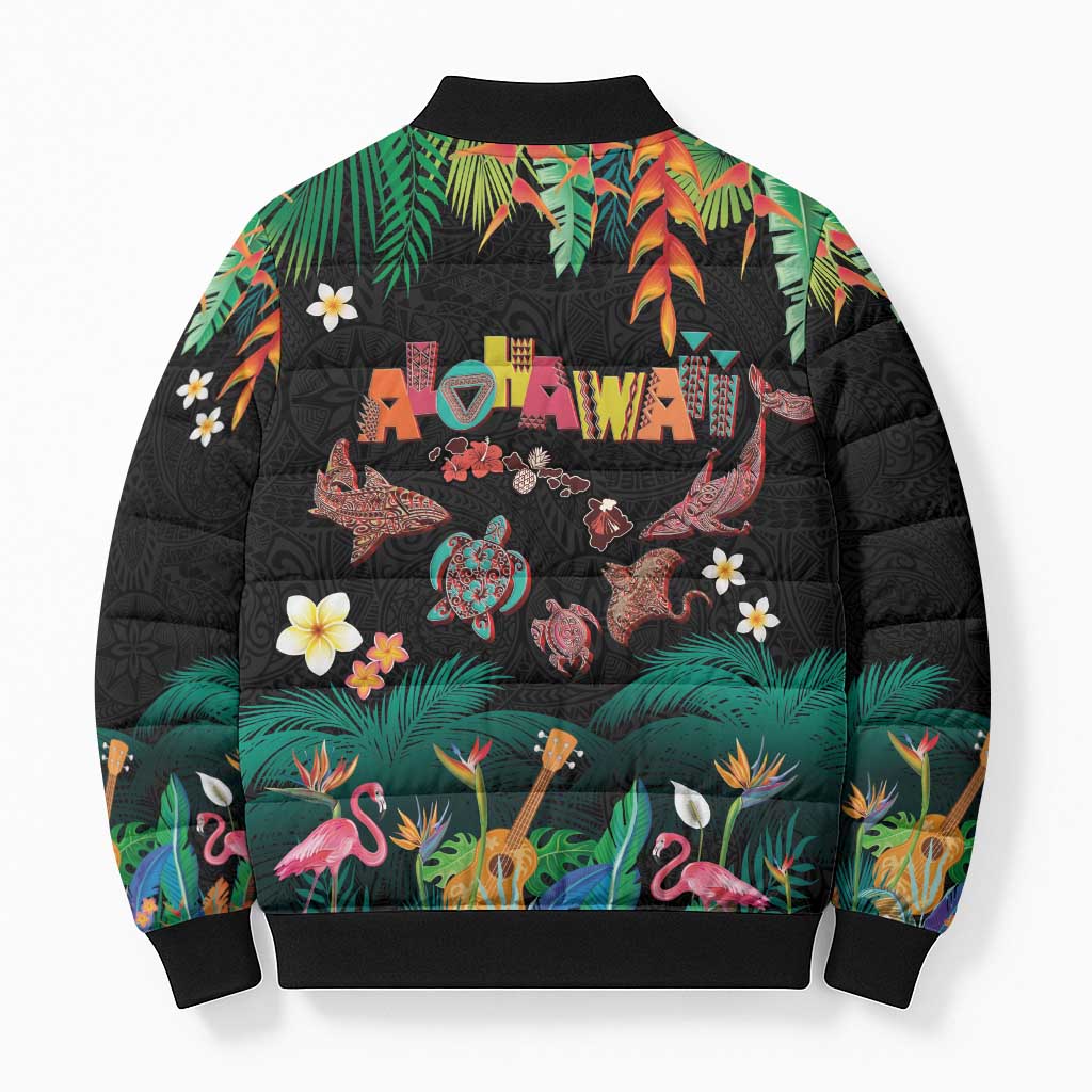 Hawaiian Alohawaii Bomber Puffer Jacket Tribal Sea Animals Tattoo and Tropical Plants - Polynesian Pride