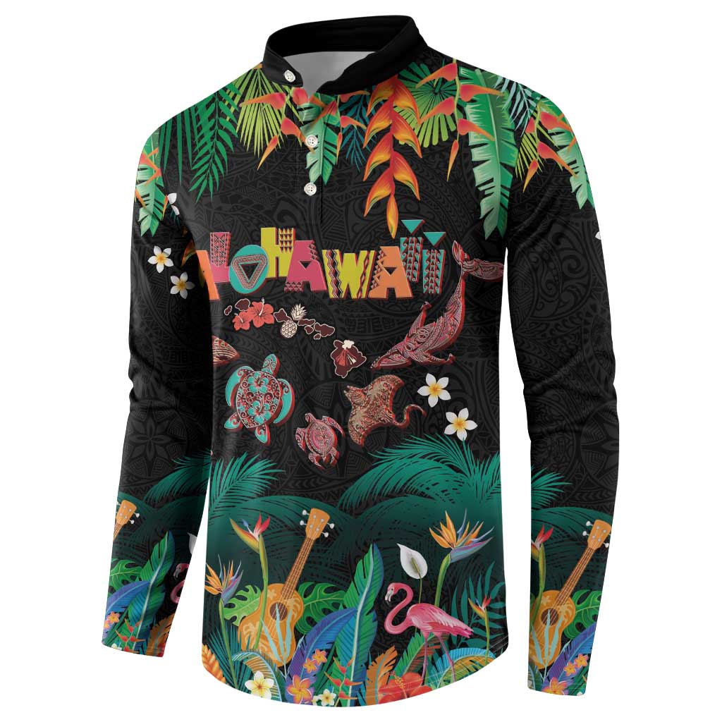 Hawaiian Alohawaii Button Sweatshirt Tribal Sea Animals Tattoo and Tropical Plants - Polynesian Pride
