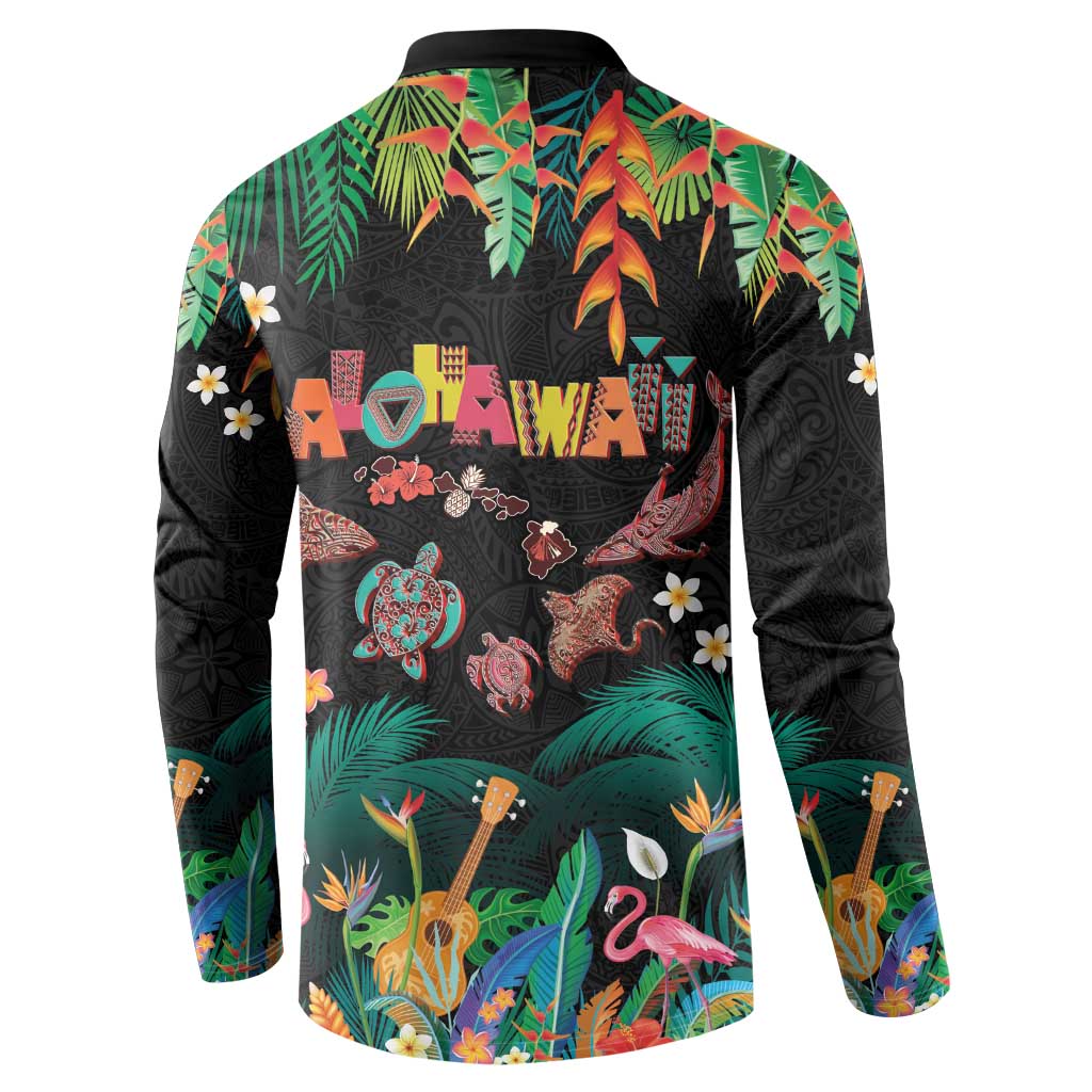 Hawaiian Alohawaii Button Sweatshirt Tribal Sea Animals Tattoo and Tropical Plants - Polynesian Pride