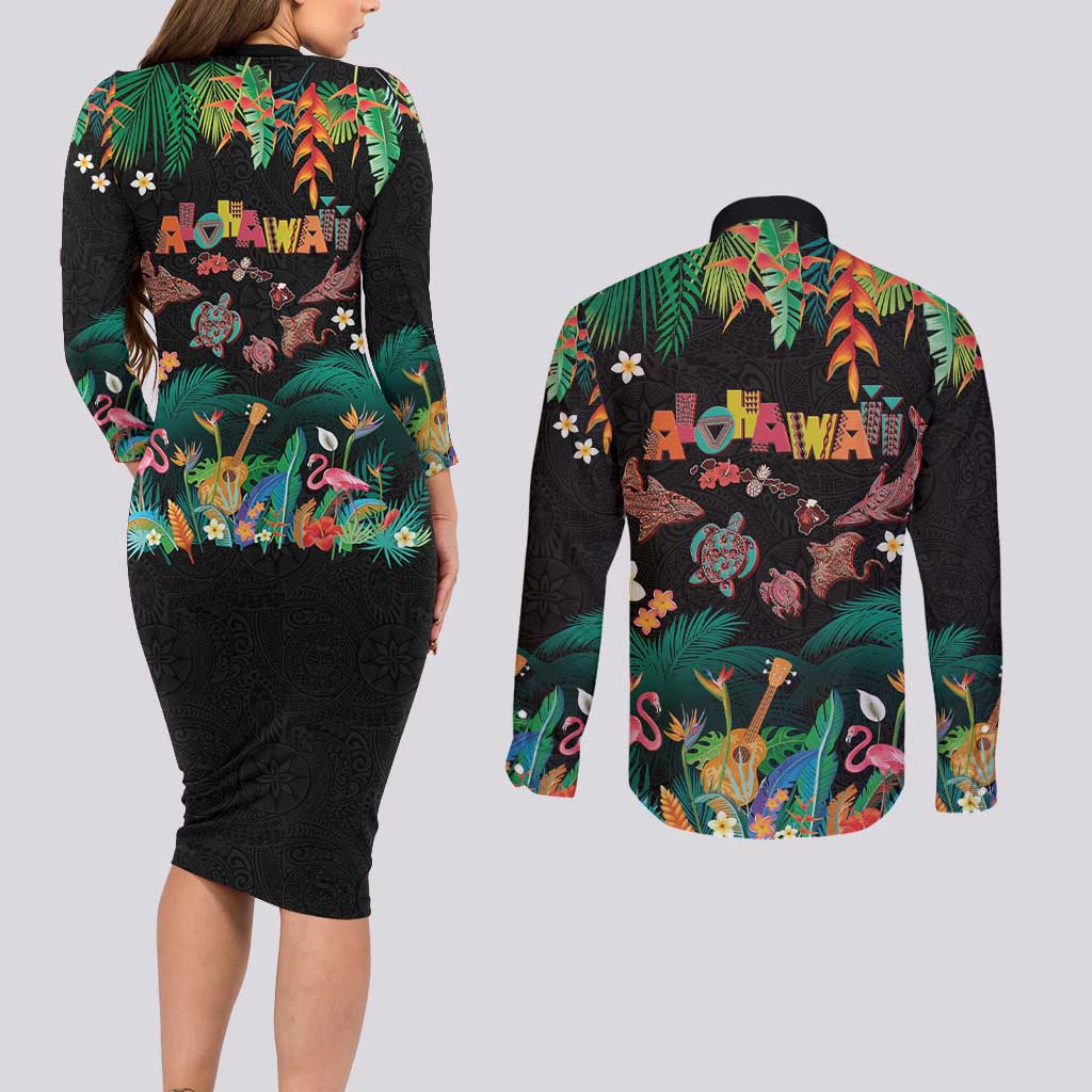 Hawaiian Alohawaii Couples Matching Long Sleeve Bodycon Dress and Long Sleeve Button Shirt Tribal Sea Animals Tattoo and Tropical Plants - Polynesian Pride