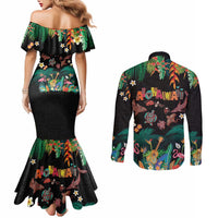 Hawaiian Alohawaii Couples Matching Mermaid Dress and Long Sleeve Button Shirt Tribal Sea Animals Tattoo and Tropical Plants - Polynesian Pride