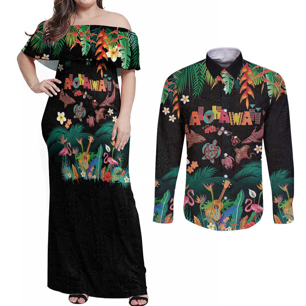 Hawaiian Alohawaii Couples Matching Off Shoulder Maxi Dress and Long Sleeve Button Shirt Tribal Sea Animals Tattoo and Tropical Plants - Polynesian Pride