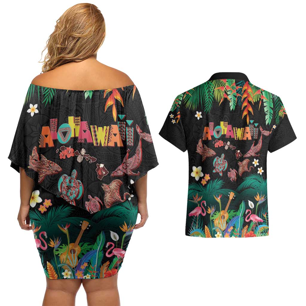 Hawaiian Alohawaii Couples Matching Off Shoulder Short Dress and Hawaiian Shirt Tribal Sea Animals Tattoo and Tropical Plants - Polynesian Pride