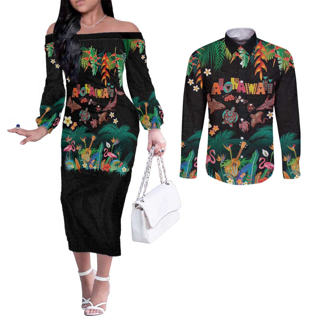 Hawaiian Alohawaii Couples Matching Off The Shoulder Long Sleeve Dress and Long Sleeve Button Shirt Tribal Sea Animals Tattoo and Tropical Plants - Polynesian Pride
