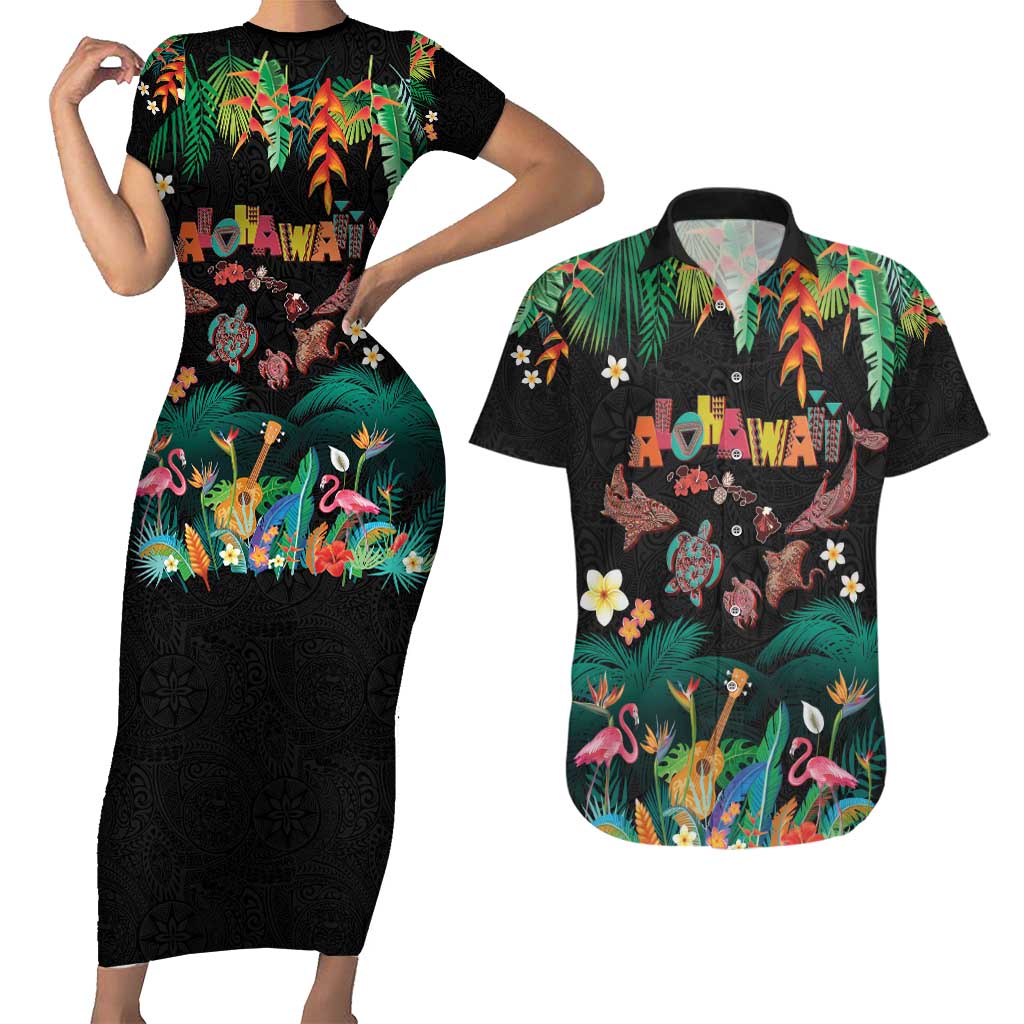 Hawaiian Alohawaii Couples Matching Short Sleeve Bodycon Dress and Hawaiian Shirt Tribal Sea Animals Tattoo and Tropical Plants - Polynesian Pride