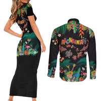 Hawaiian Alohawaii Couples Matching Short Sleeve Bodycon Dress and Long Sleeve Button Shirt Tribal Sea Animals Tattoo and Tropical Plants - Polynesian Pride