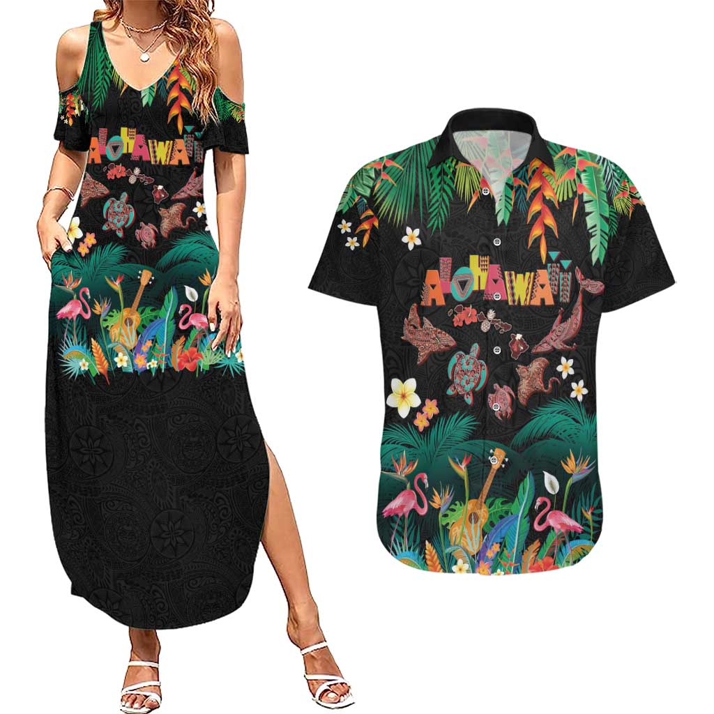 Hawaiian Alohawaii Couples Matching Summer Maxi Dress and Hawaiian Shirt Tribal Sea Animals Tattoo and Tropical Plants - Polynesian Pride