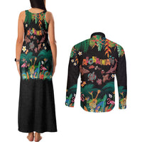 Hawaiian Alohawaii Couples Matching Tank Maxi Dress and Long Sleeve Button Shirt Tribal Sea Animals Tattoo and Tropical Plants - Polynesian Pride