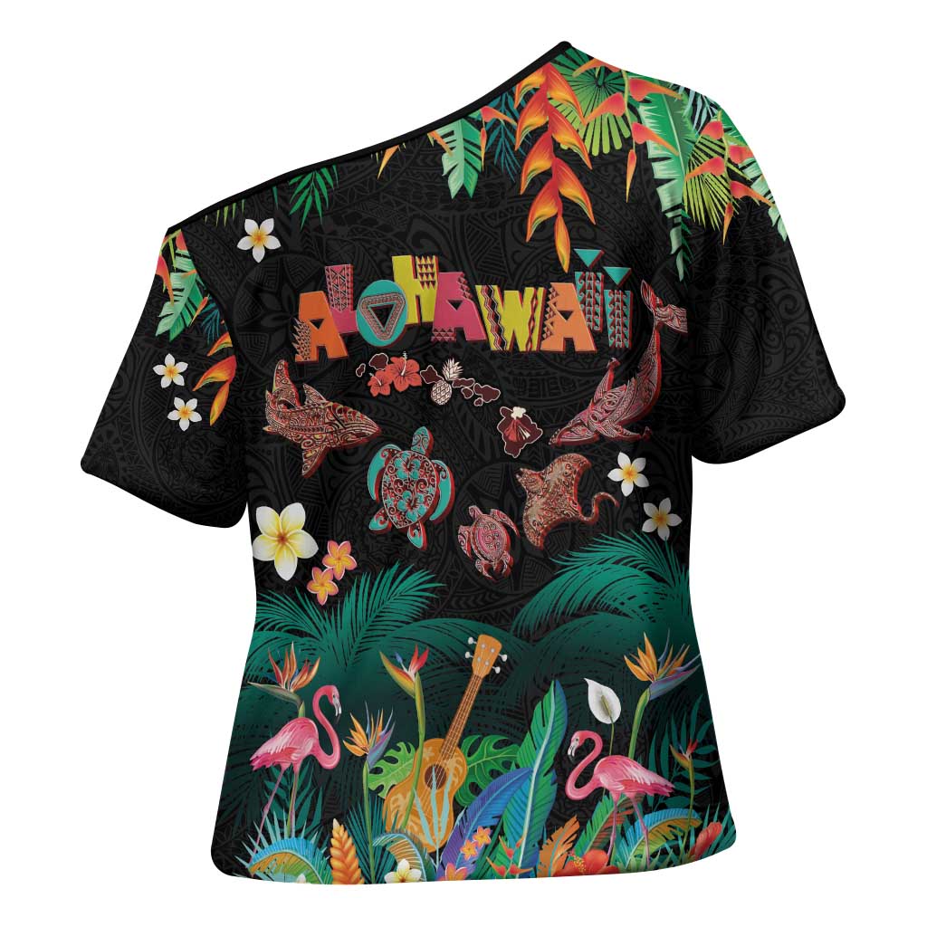 Hawaiian Alohawaii Cross Shoulder Shirt Tribal Sea Animals Tattoo and Tropical Plants - Polynesian Pride