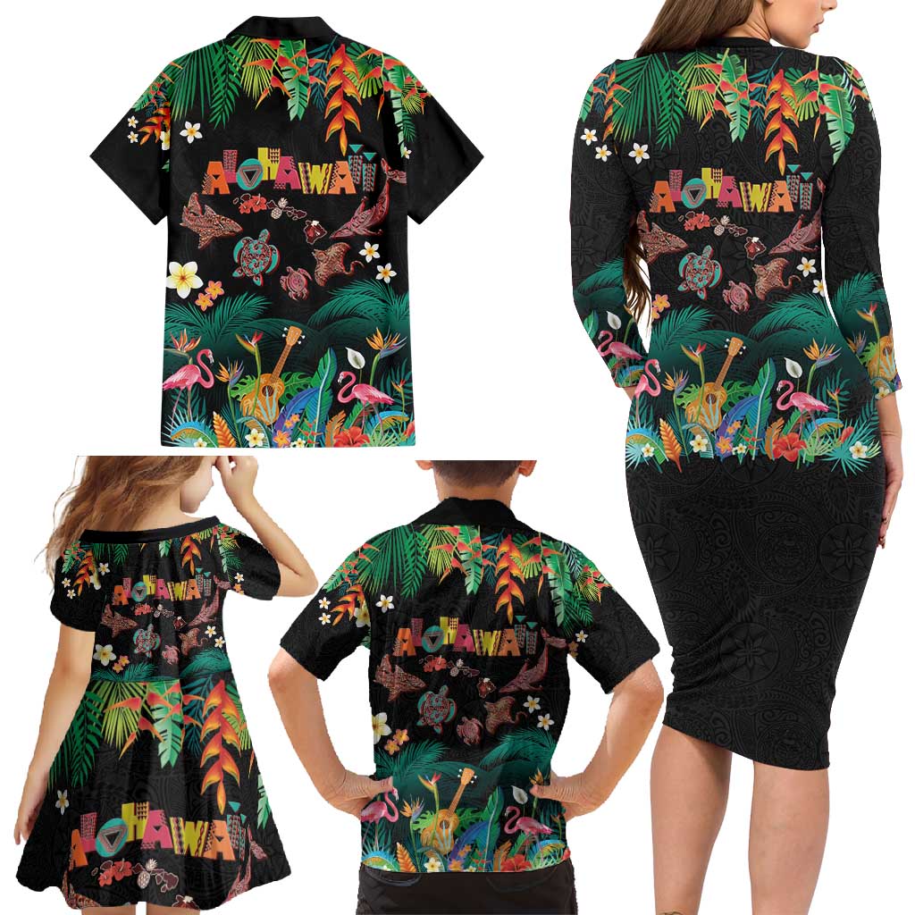 Hawaiian Alohawaii Family Matching Long Sleeve Bodycon Dress and Hawaiian Shirt Tribal Sea Animals Tattoo and Tropical Plants - Polynesian Pride