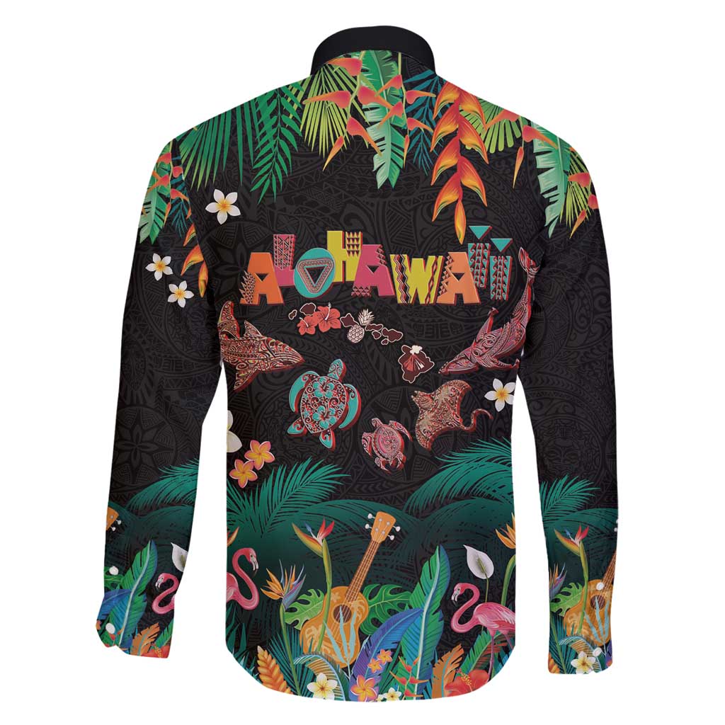 Hawaiian Alohawaii Family Matching Long Sleeve Bodycon Dress and Hawaiian Shirt Tribal Sea Animals Tattoo and Tropical Plants - Polynesian Pride