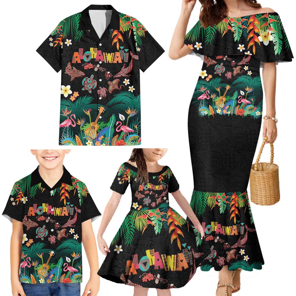 Hawaiian Alohawaii Family Matching Mermaid Dress and Hawaiian Shirt Tribal Sea Animals Tattoo and Tropical Plants - Polynesian Pride