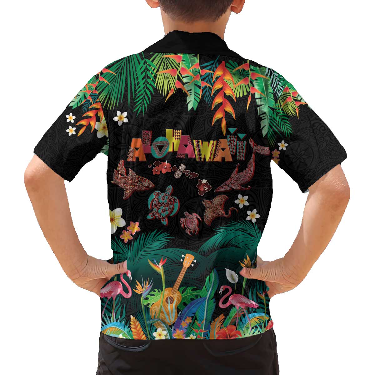 Hawaiian Alohawaii Family Matching Off The Shoulder Long Sleeve Dress and Hawaiian Shirt Tribal Sea Animals Tattoo and Tropical Plants - Polynesian Pride